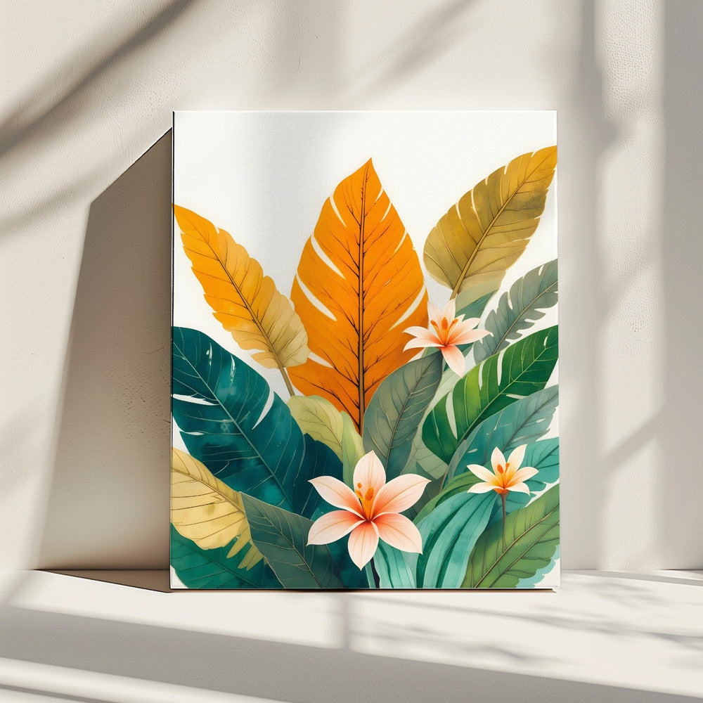 Tropische bladeren en delicate bloemen | Canvas