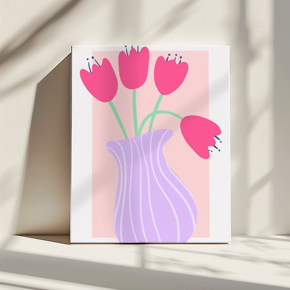 Levendige tulpen in een gestreepte lavendelvaas | Canvas