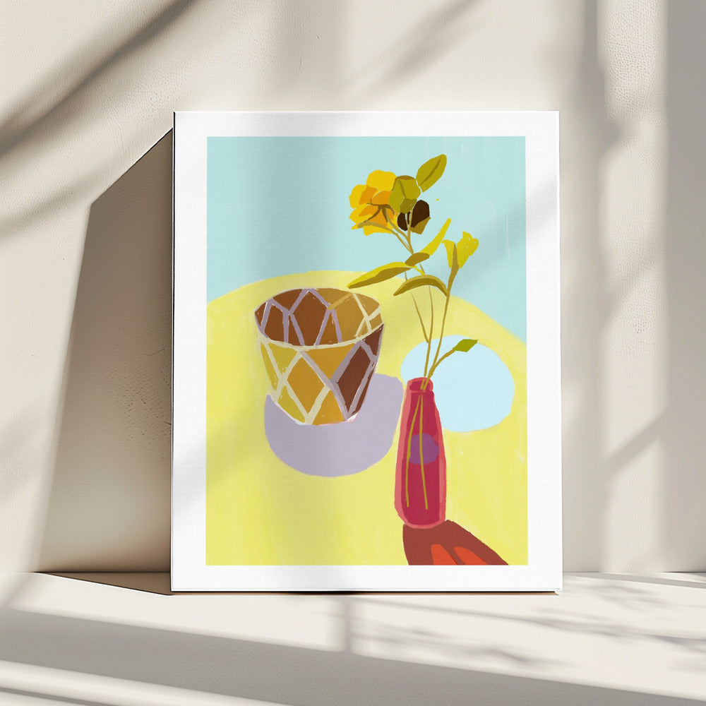 Gele bloemen in een rode pot | Canvas
