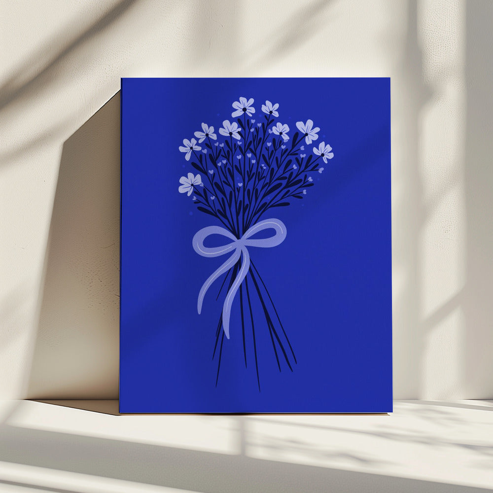 Bloemenboeket met strik - monochroom blauw | Canvas