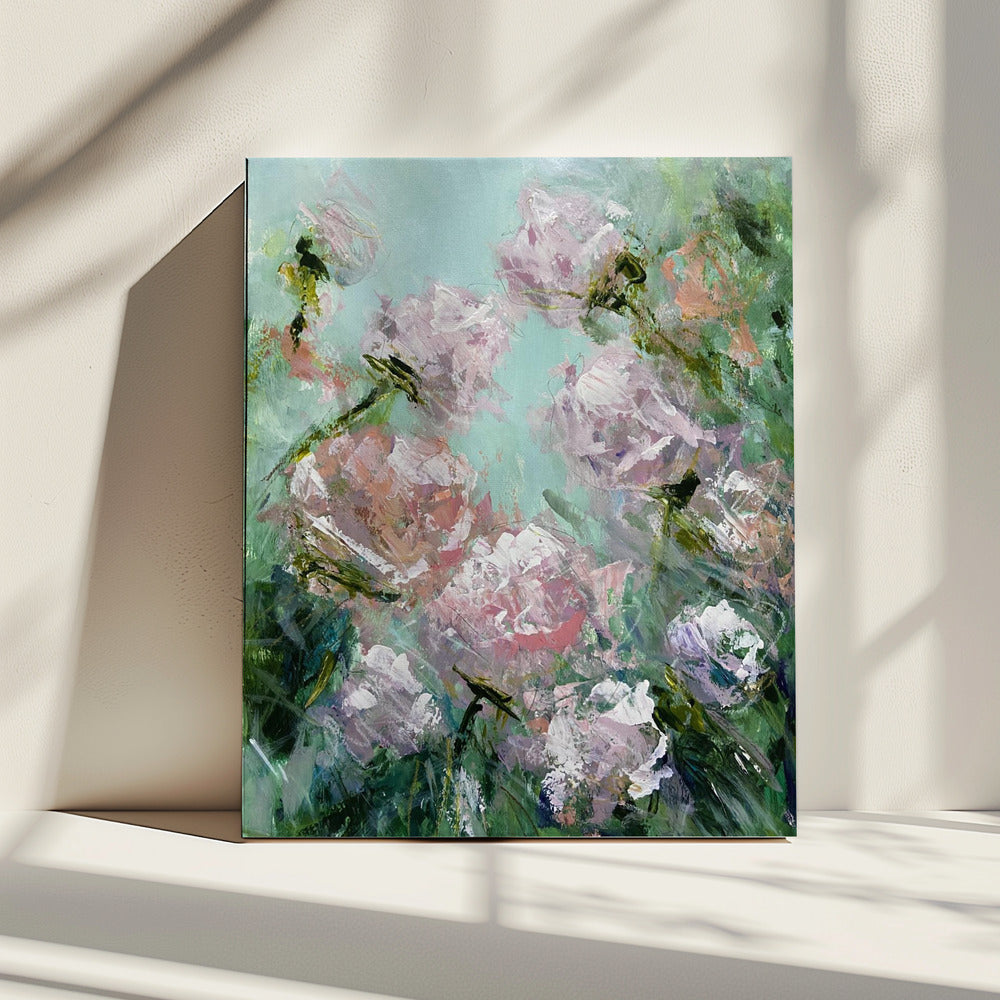 Bloemenpenseelstreken in roze en groen | Canvas