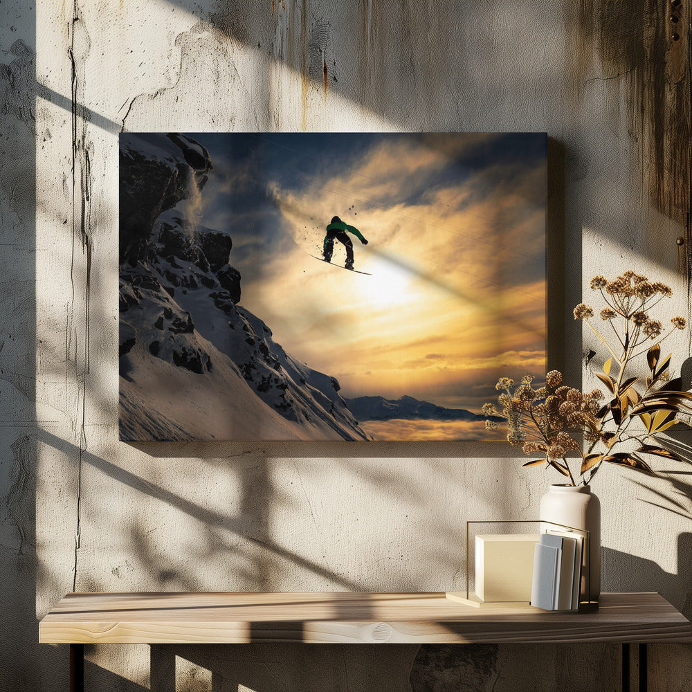 Snowboarden bij zonsondergang | Canvas