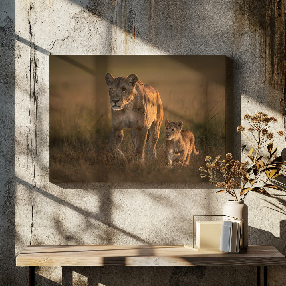 Moederleeuwin met welp | Canvas