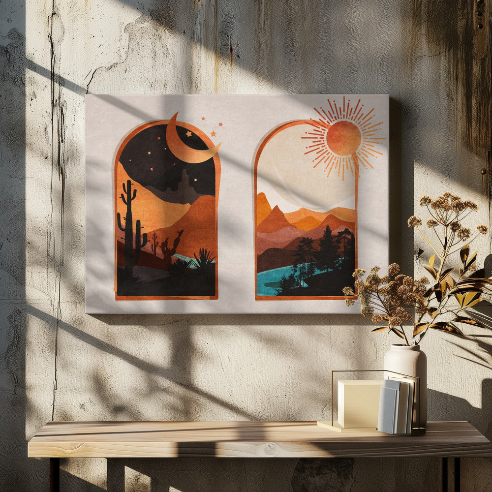 Zonsopgang en zonsondergang in de woestijn | Canvas