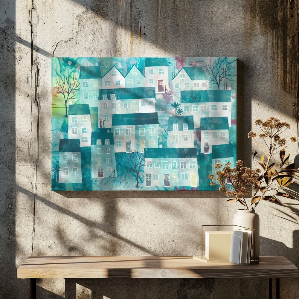 Speels dorpsgezicht met gestileerde huizen | Canvas