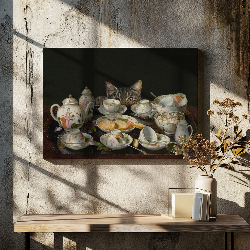 Een theeservies met een kat | Canvas