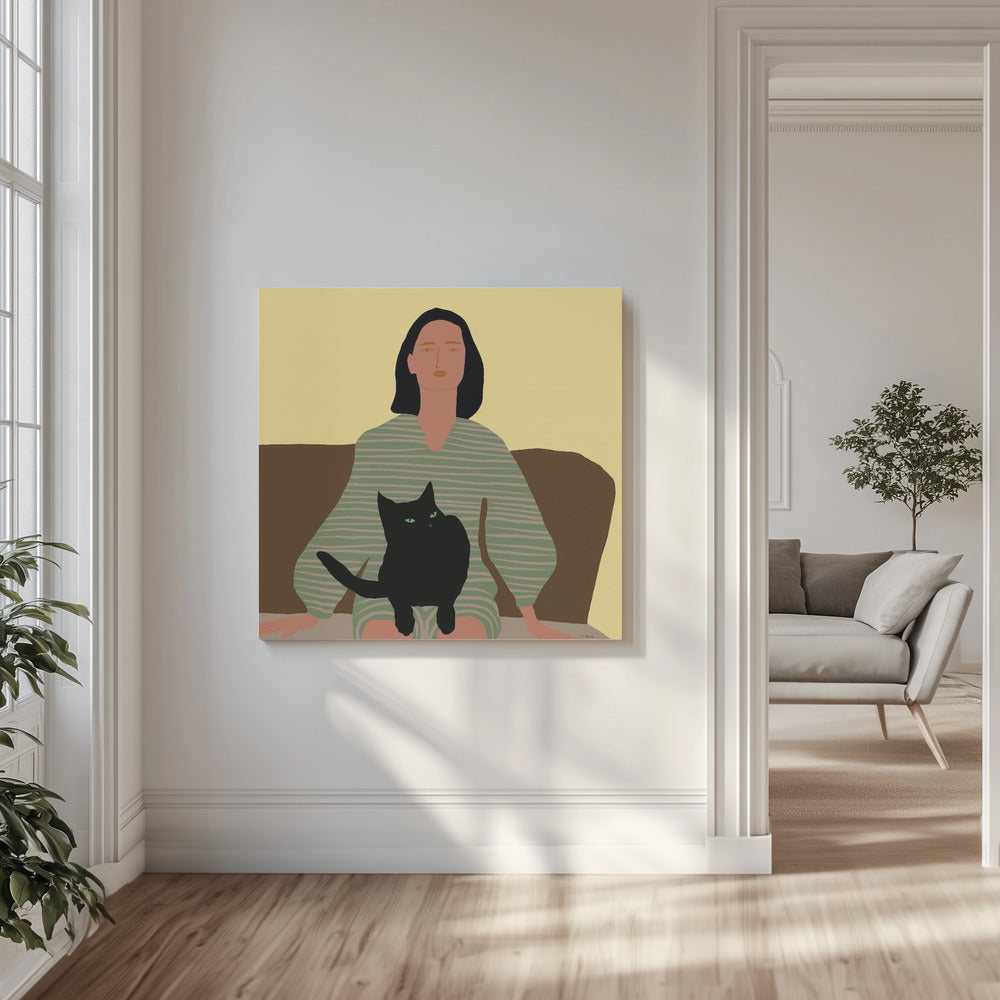 Dame zittend met zwarte kat. | Canvas