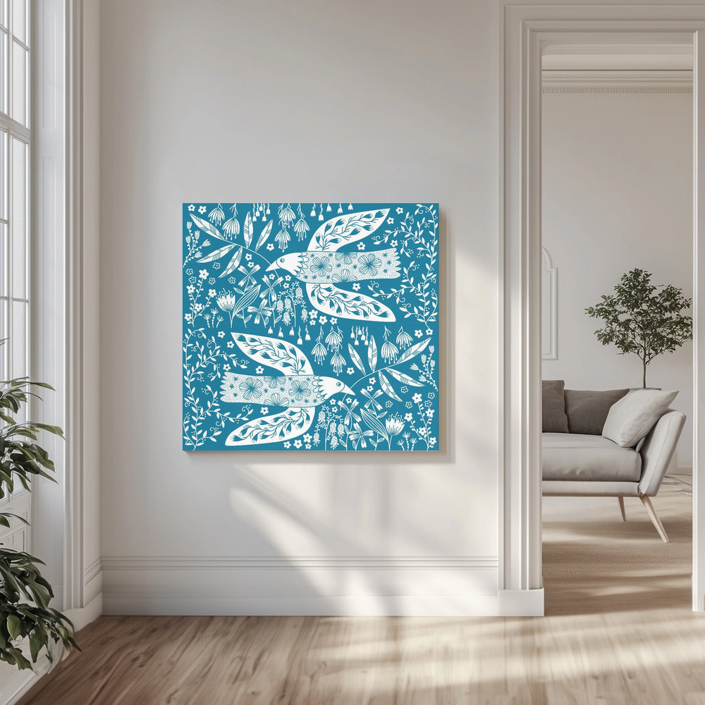 Vredesduiven en bloemen wit op blauwgroen | Canvas