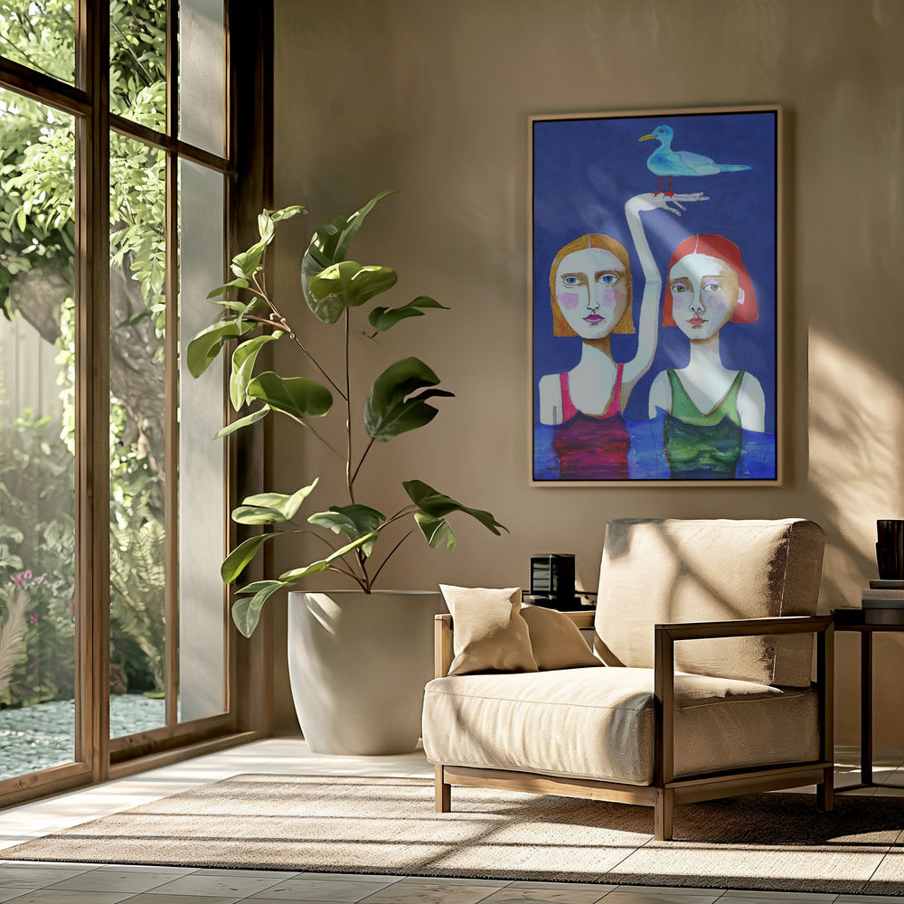 Zwemmende dames met blauwe vogel | Poster