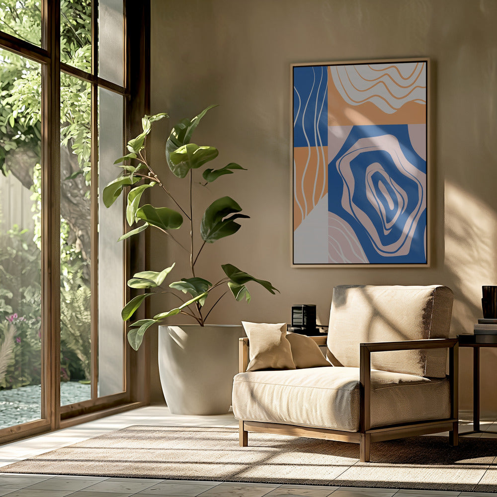 Abstracte collage in blauw en oranje | Poster