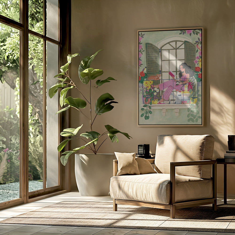 Woman reads on balcony | Poster