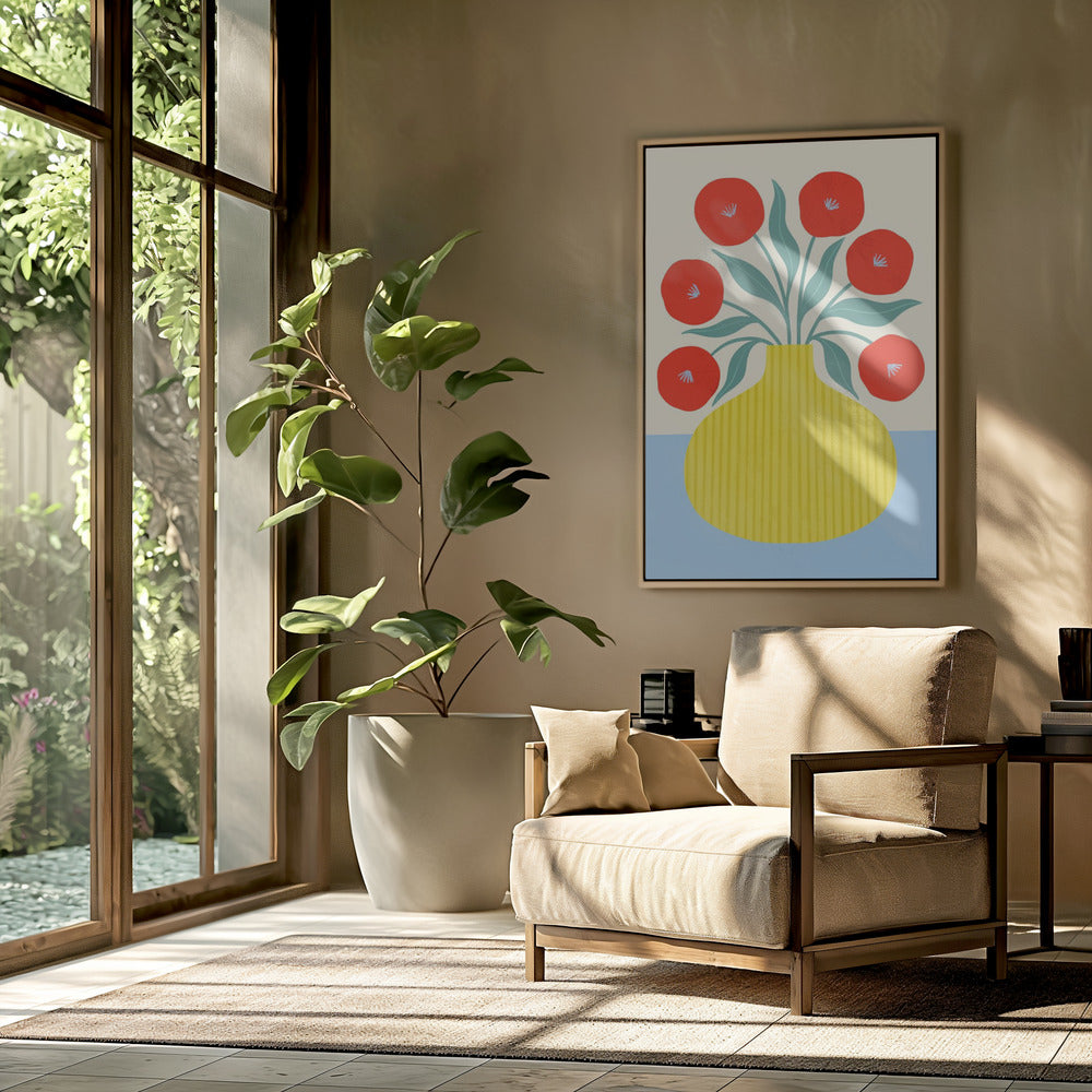 Rode bloemen in gele vaas | Poster