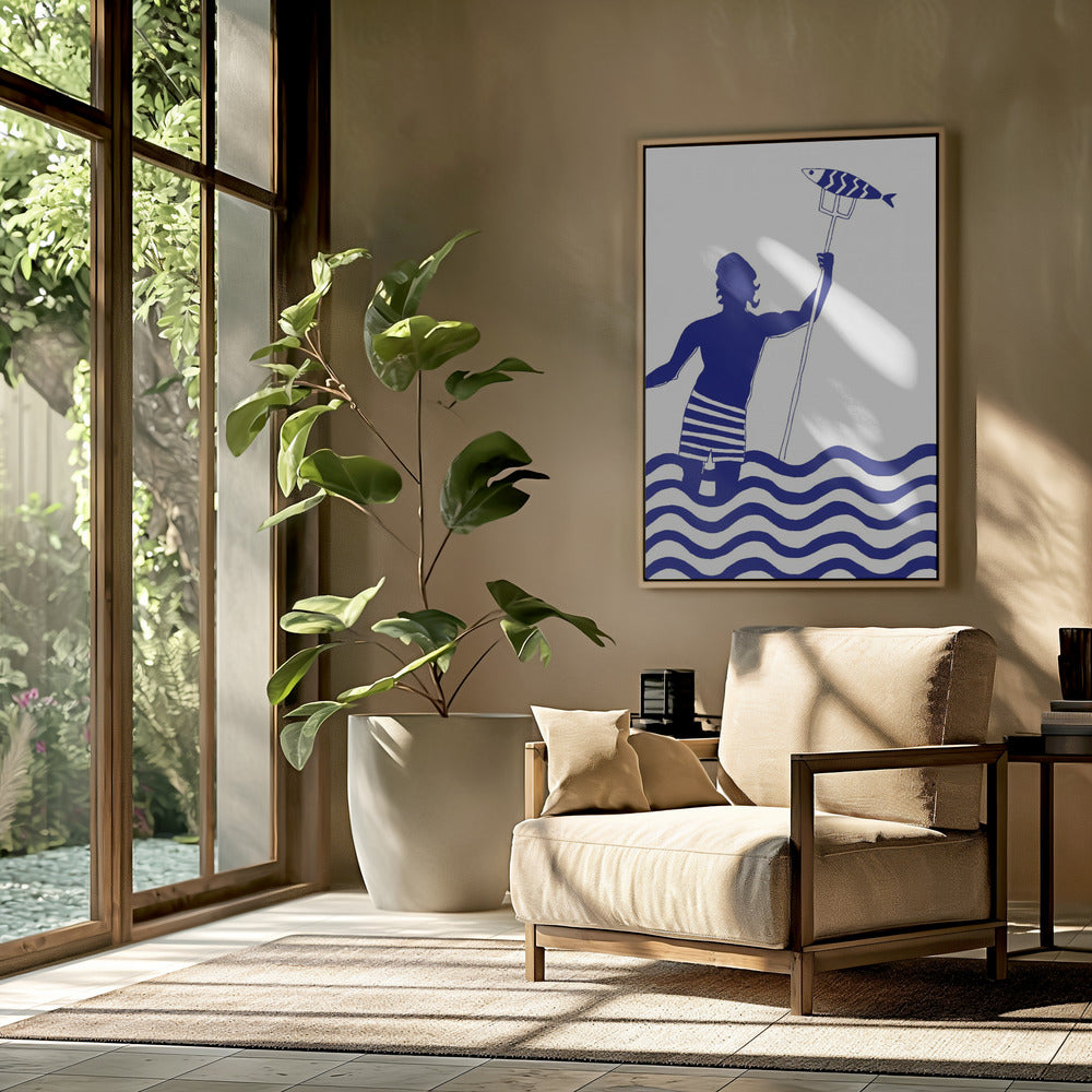 Modern Greek God Poseidon, Nautical Beach Art Print With Man Fishing In The Sea | Poster