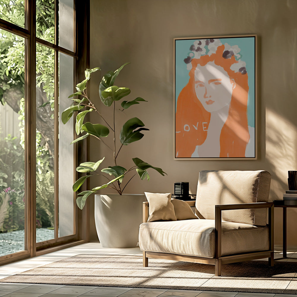 Vrouw met oranje haar versierd met bloemen | Poster