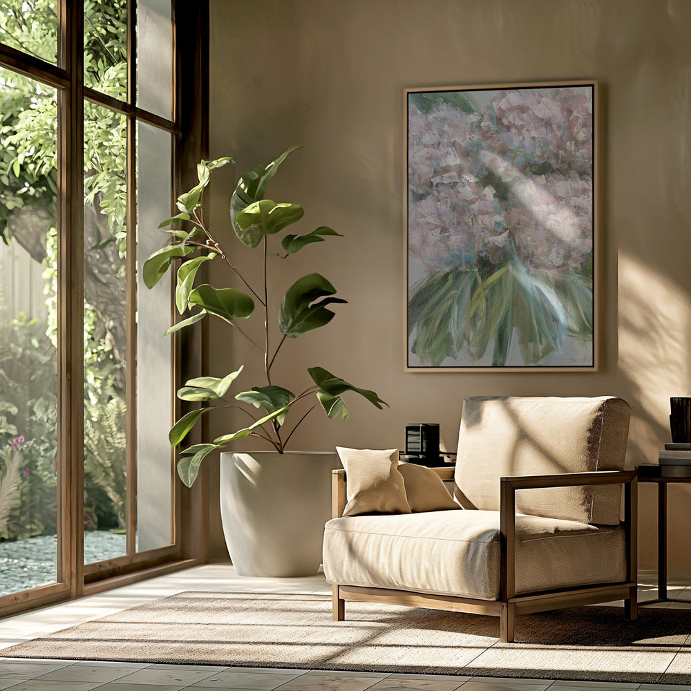 Roze hortensia's met groene bladeren | Poster