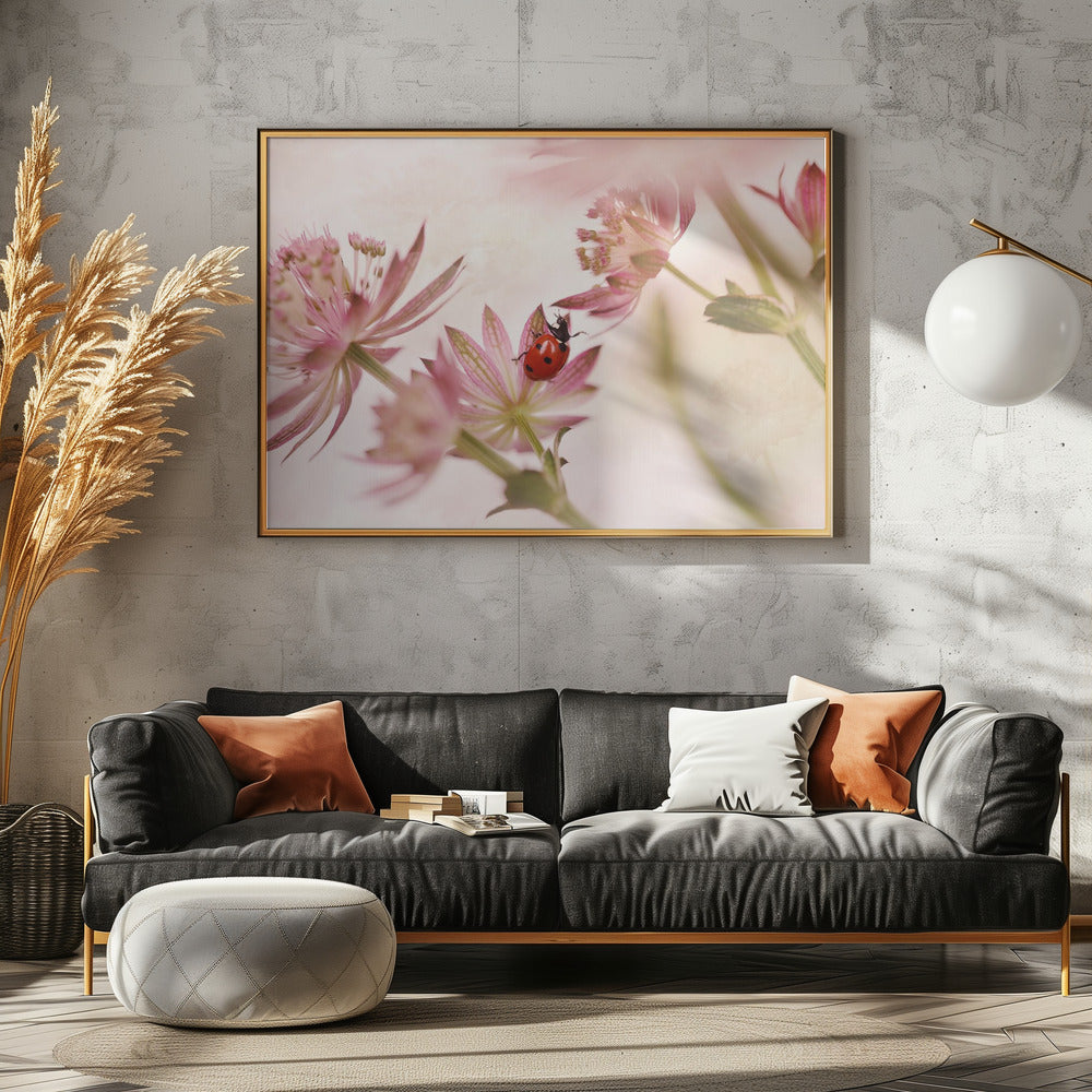 Lieveheersbeestje en roze bloemen | Canvas