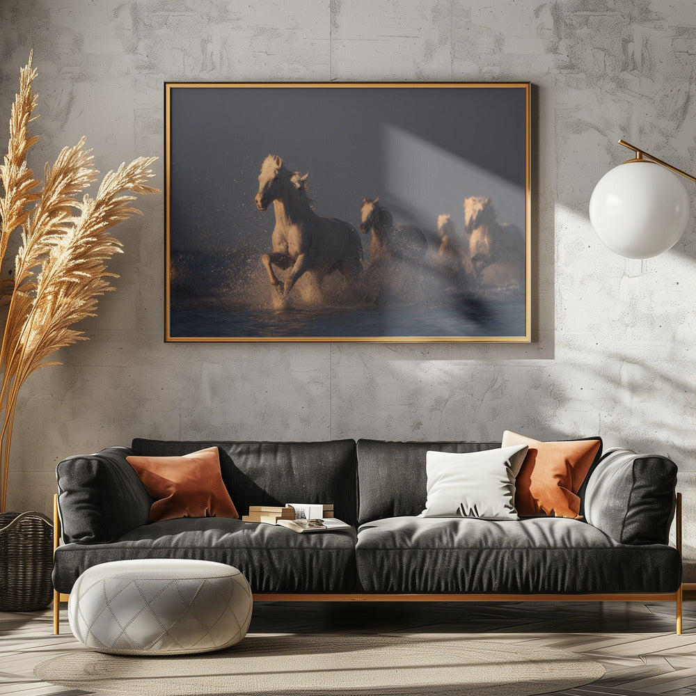 paarden in zonsonderganglicht | Canvas