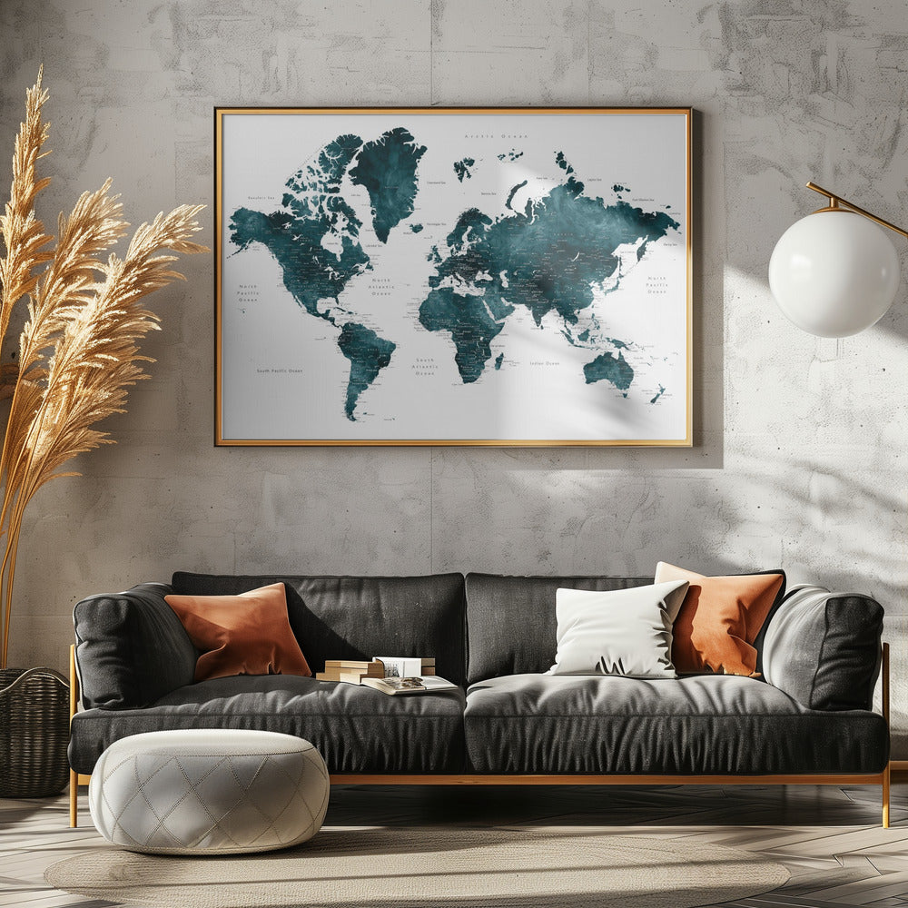 Donkerblauwe wereldkaart met steden, Makani | Canvas
