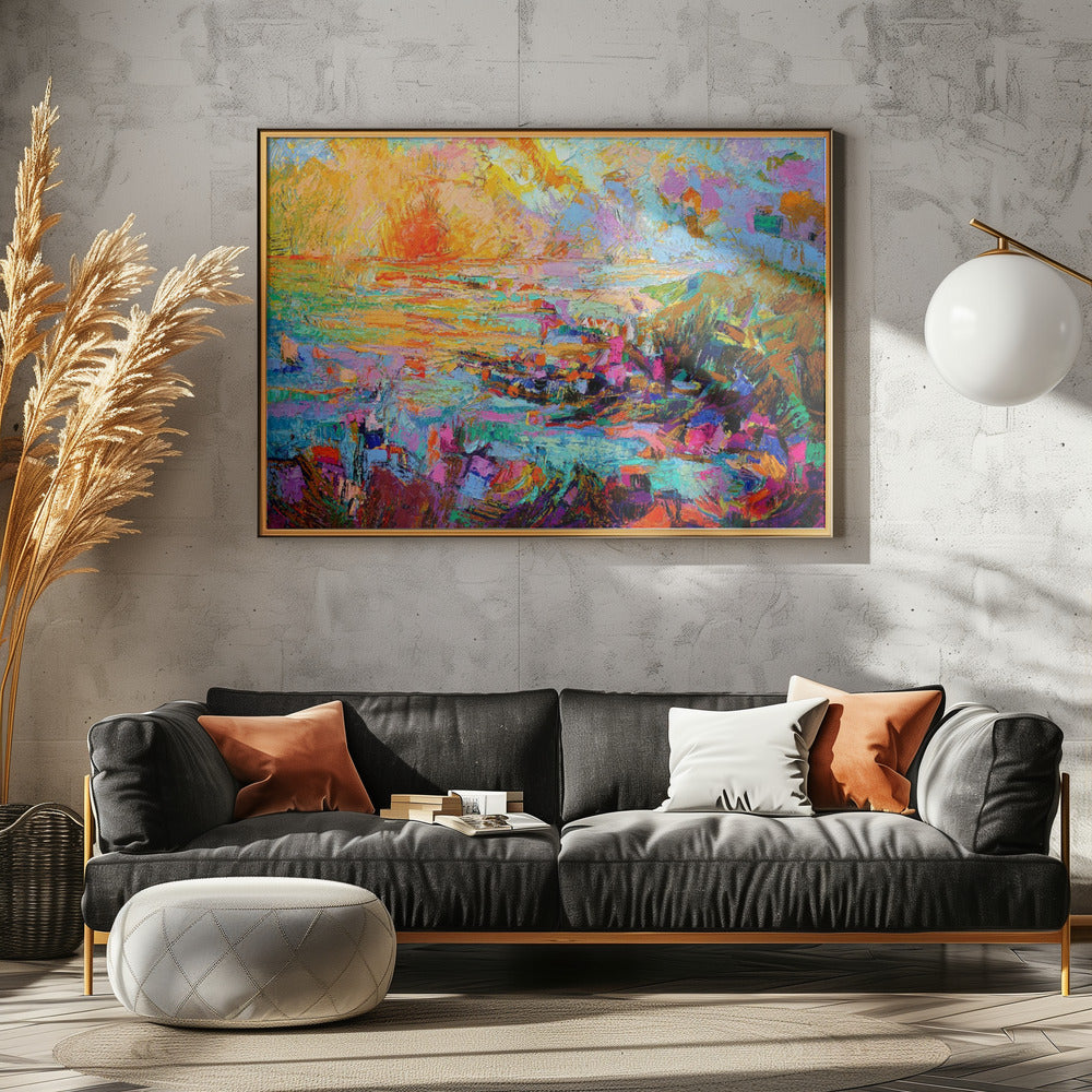 Zonsondergang boven een levendig landschap | Canvas