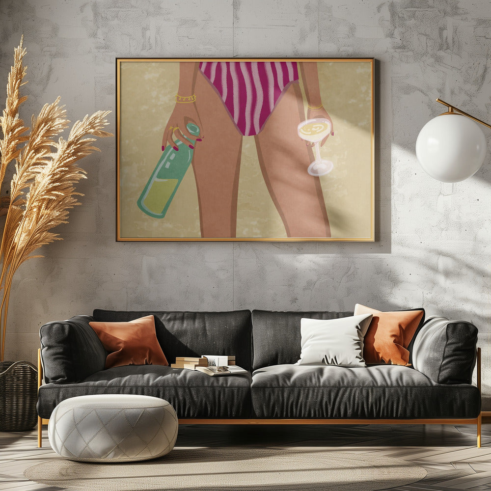 Meisje met wijn op het strand | Canvas