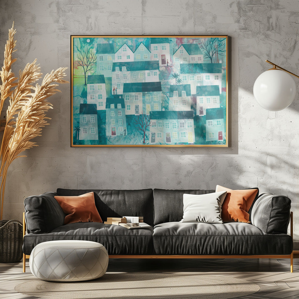 Speels dorpsgezicht met gestileerde huizen | Poster