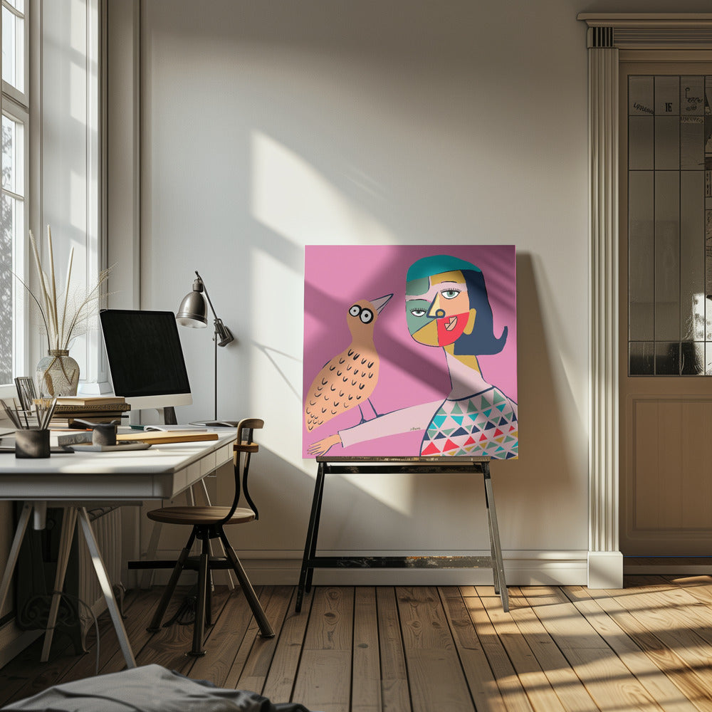 Dame met vogel | Canvas
