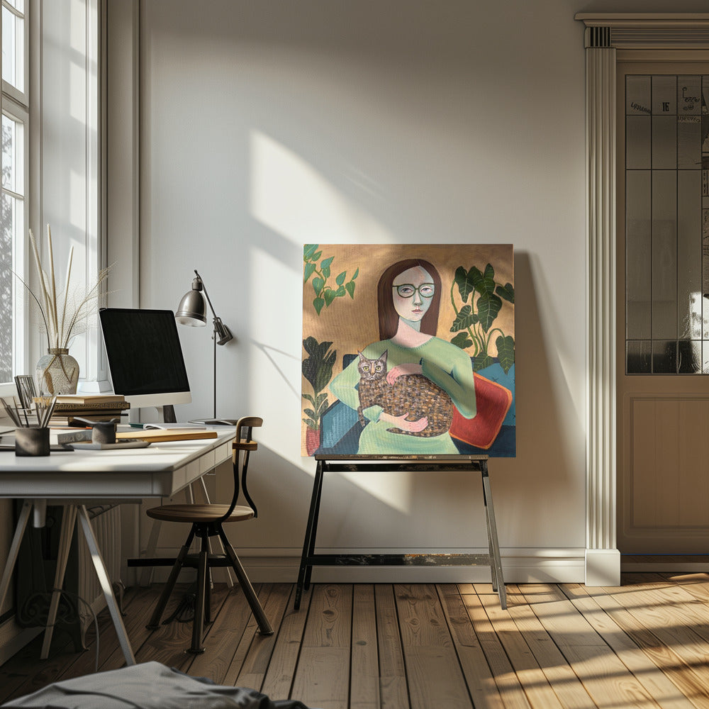 Dame met haar kat in de woonkamer | Canvas