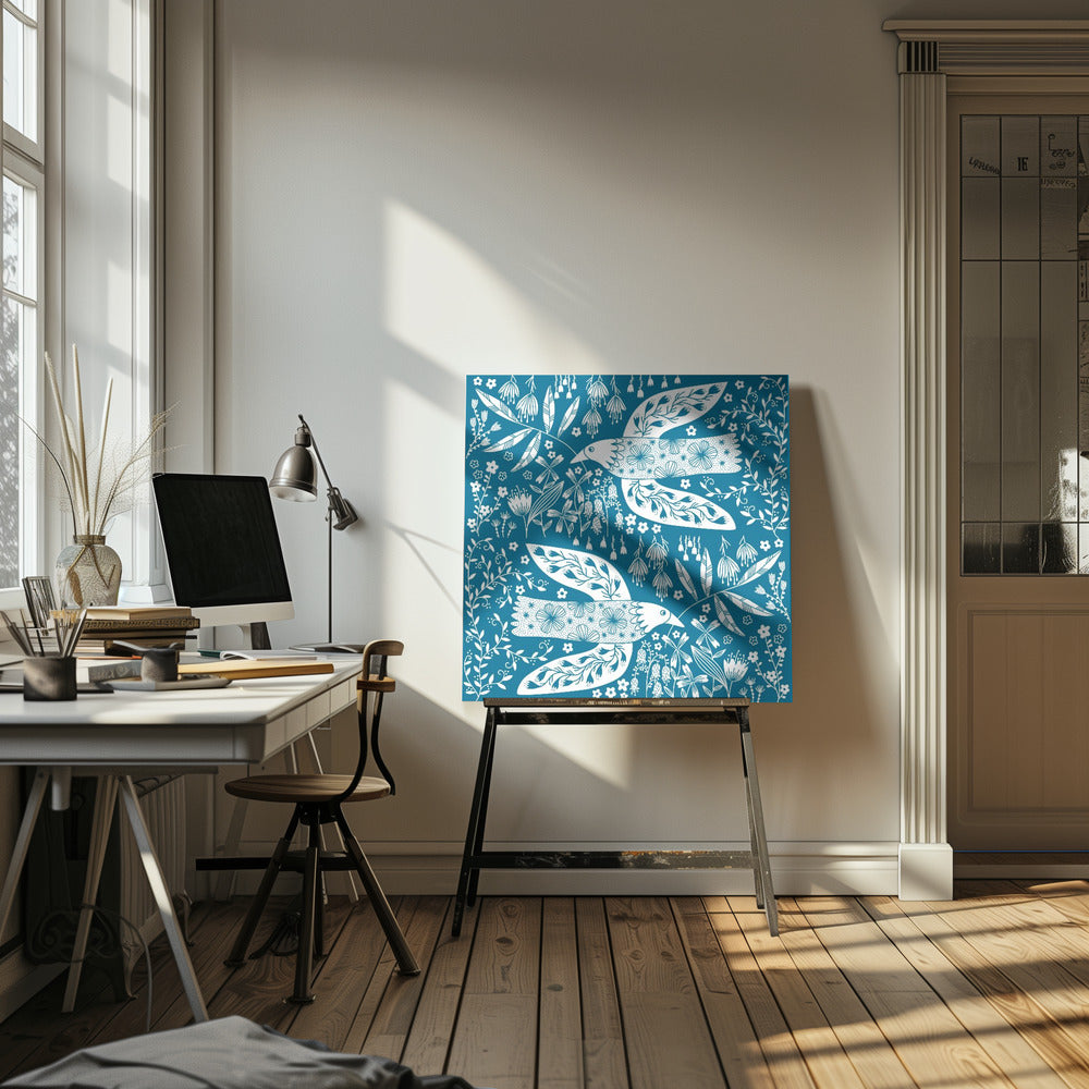 Vredesduiven en bloemen wit op blauwgroen | Canvas
