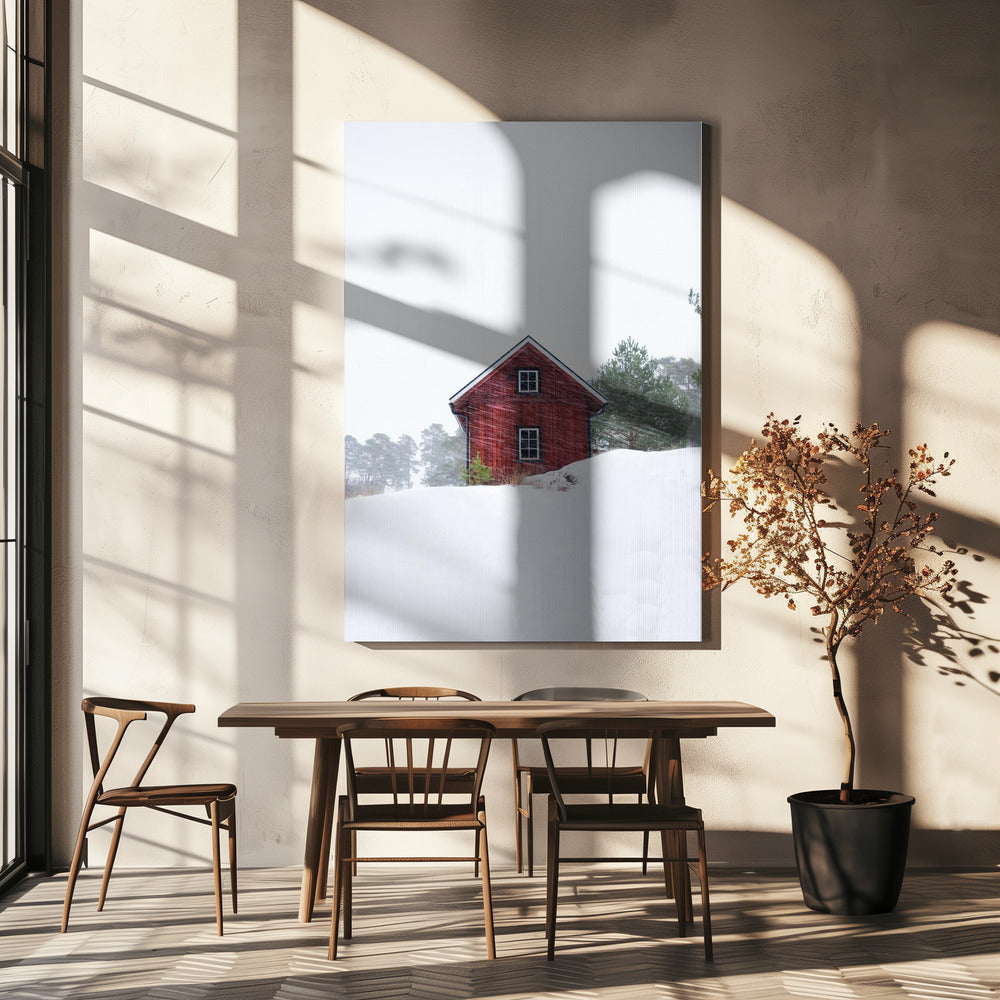 Oud rood huis tijdens sneeuwstorm | Canvas