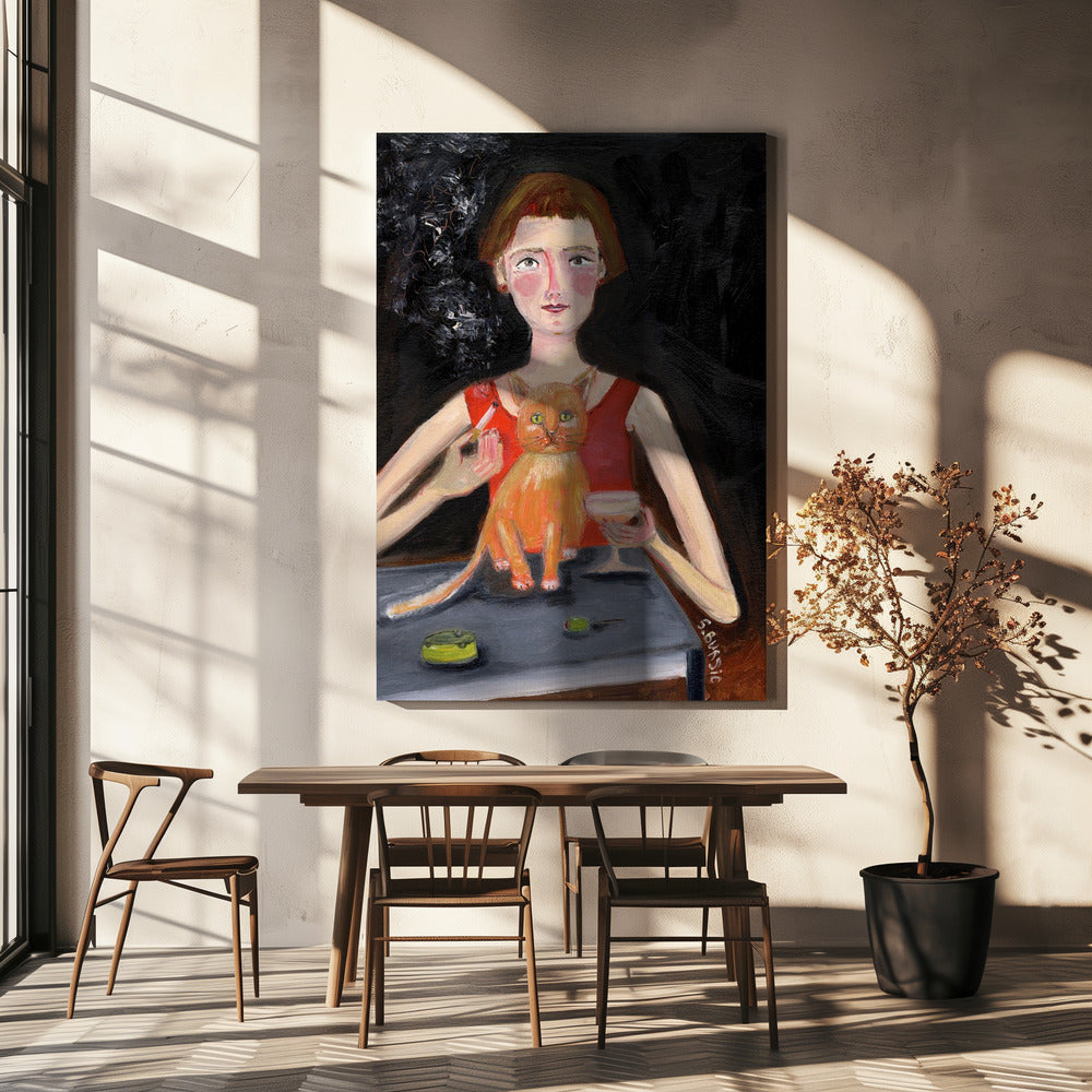 Vintage vrouw met cocktail en kat | Canvas