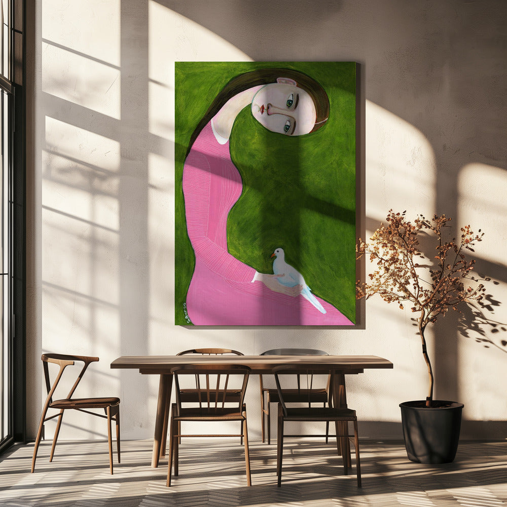 Meisje met duif zittend met roze jurk | Canvas