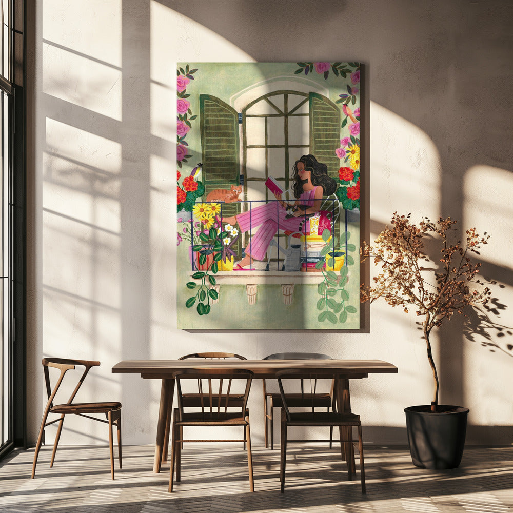 Woman reads on balcony | Canvas