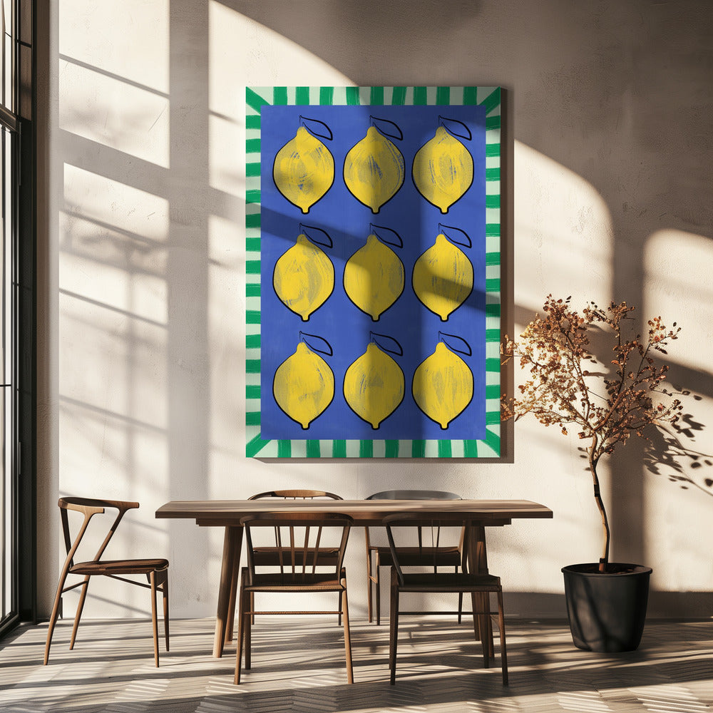 Levendige gele citroenen op een diepblauw | Canvas