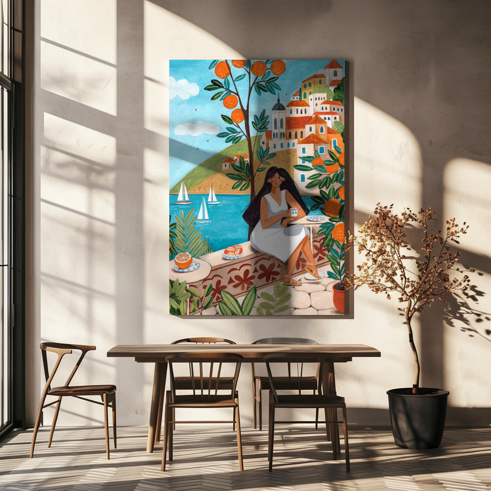 Travel poster woman in Mediterranean coast | Canvas
