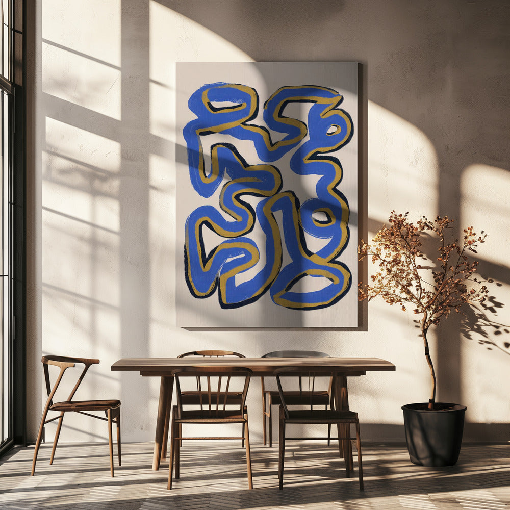 Verweven blauwe en okerkleurige lijnen | Canvas