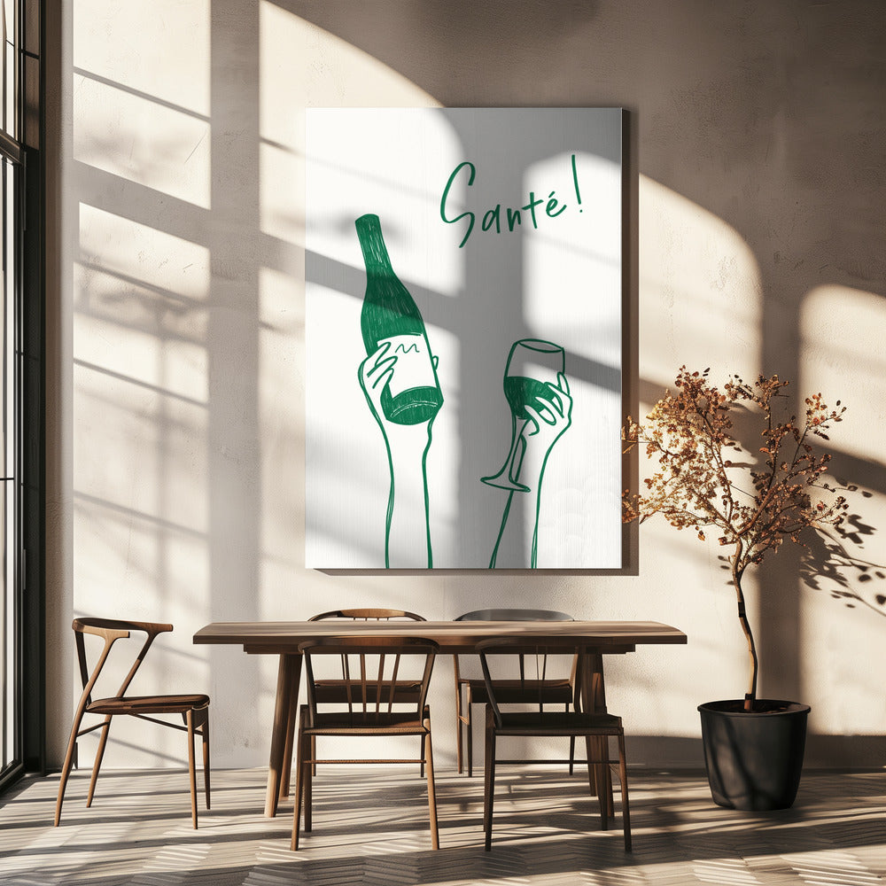 Handen met een fles wijn en een wijnglas met de tekst "Proost!" in het Frans | Canvas