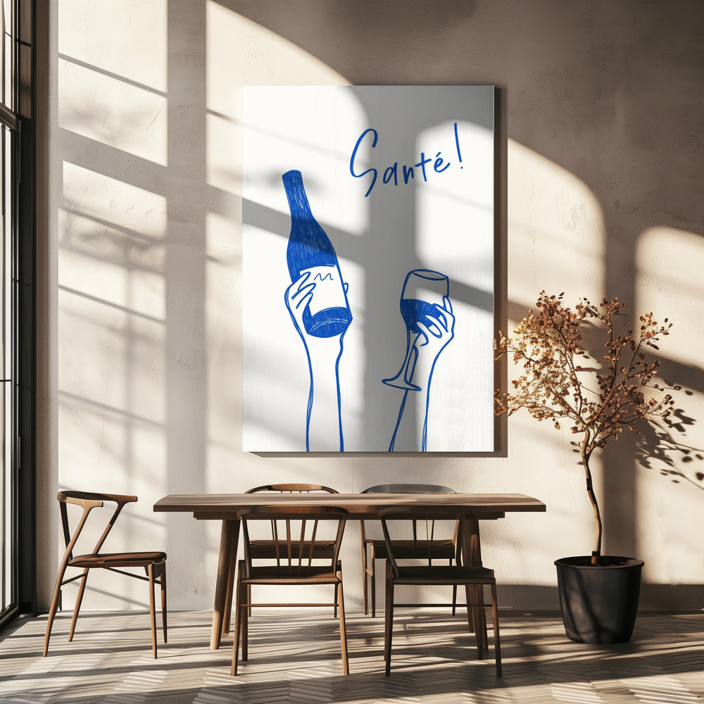 Handen met een fles wijn en een wijnglas met de tekst "Proost!" in het Frans | Canvas