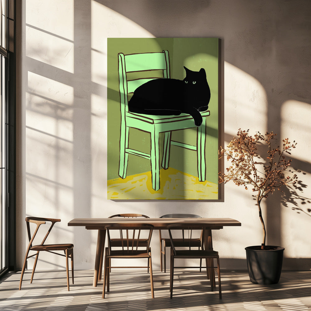 Zwarte kat op stoel | Canvas