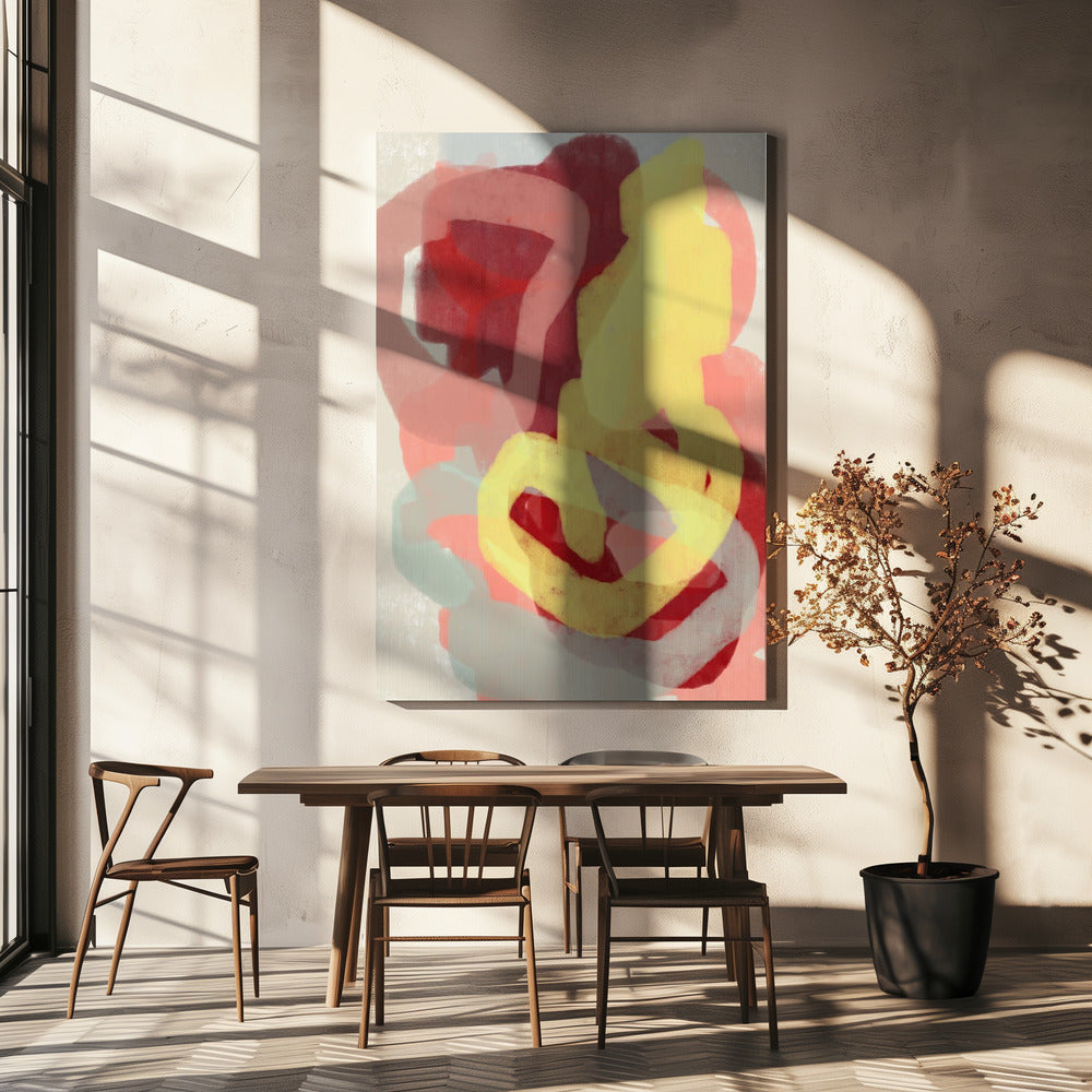Abstract schilderij in pastel. Geel, rood en grijs. | Canvas
