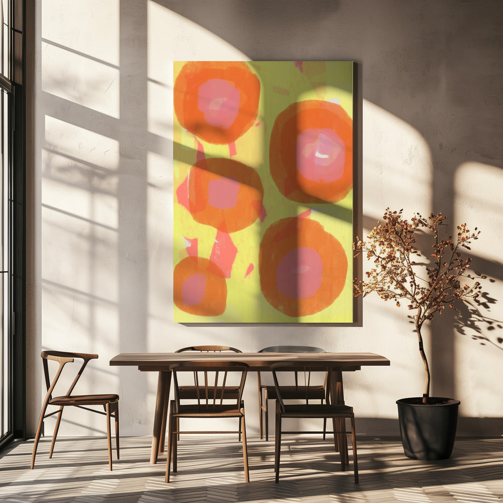Abstract schilderij. Boho rozen in oranje en roze op geel. | Canvas