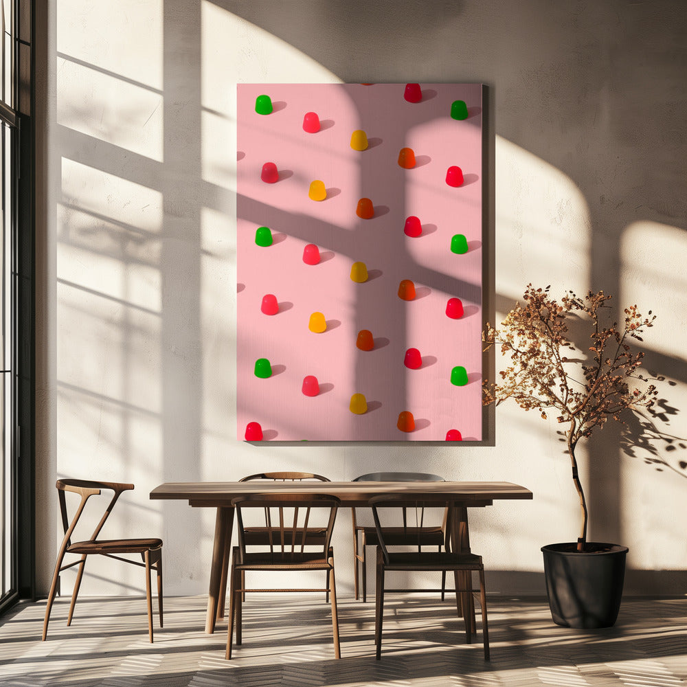 Stippen snoepgomdruppels - herhalend patroon op roze achtergrond | Canvas