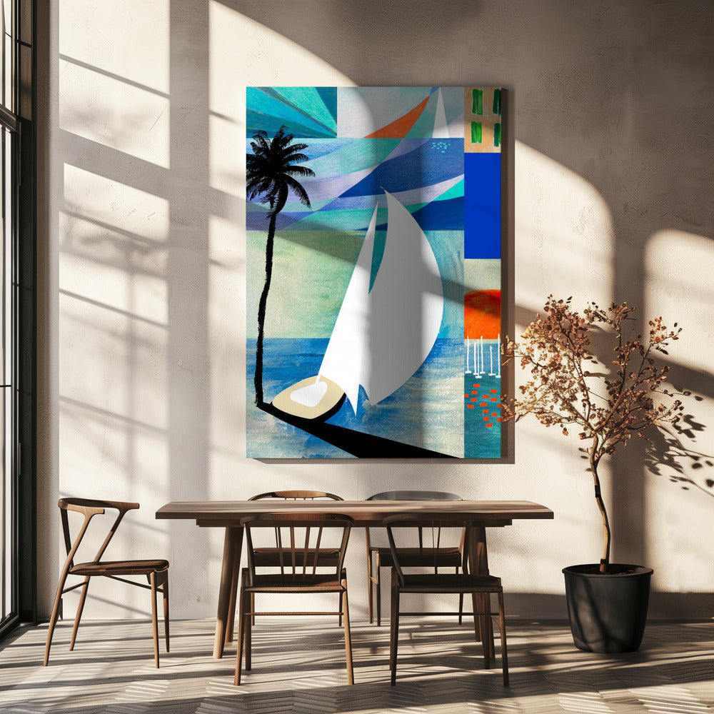 Kleurrijke mediterrane reiskunstprint met zonsopgang en palmboom | Canvas