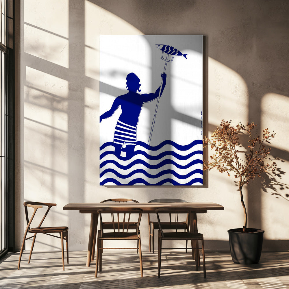 Modern Greek God Poseidon, Nautical Beach Art Print With Man Fishing In The Sea | Canvas