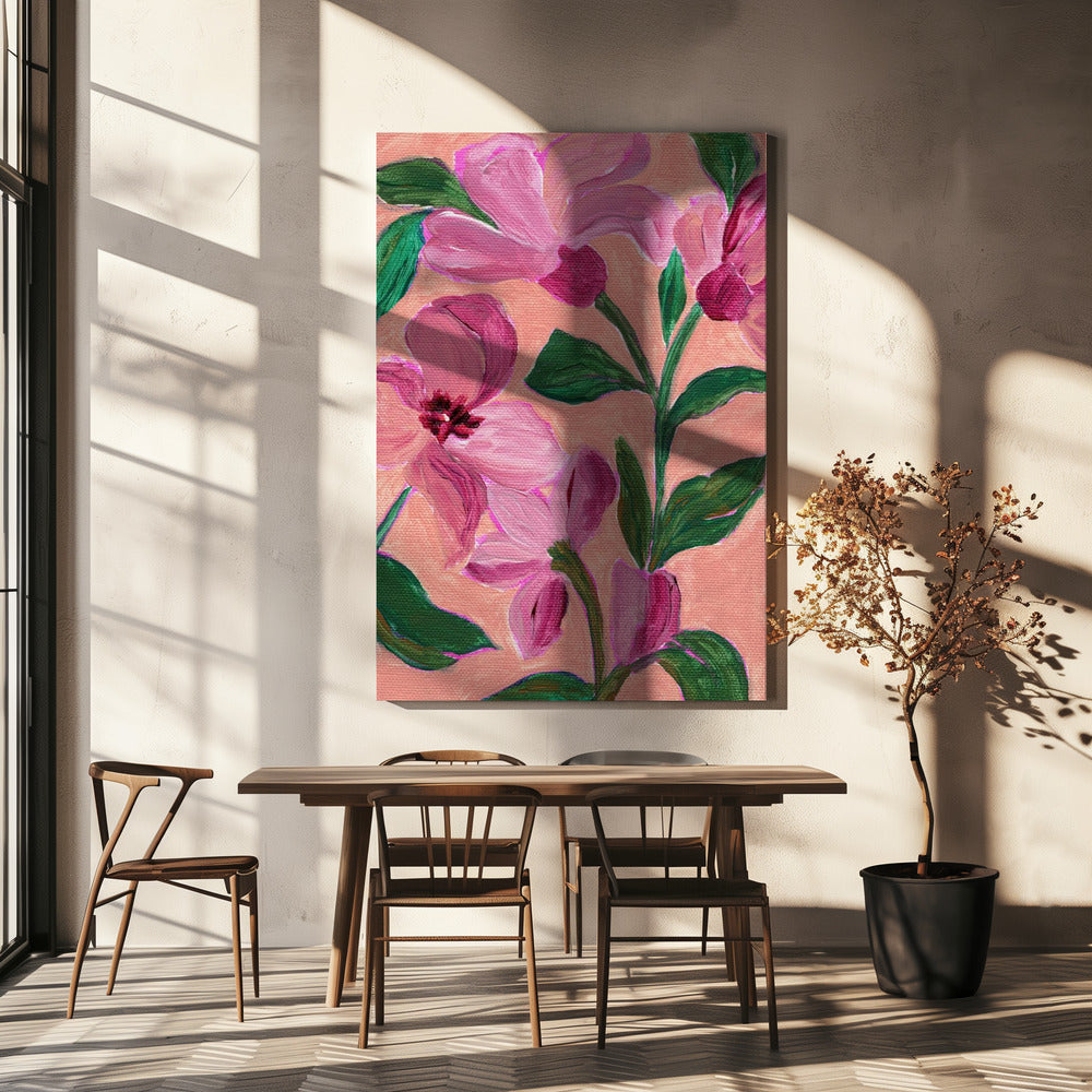 Roze bloemen met opvallende groene bladeren | Canvas