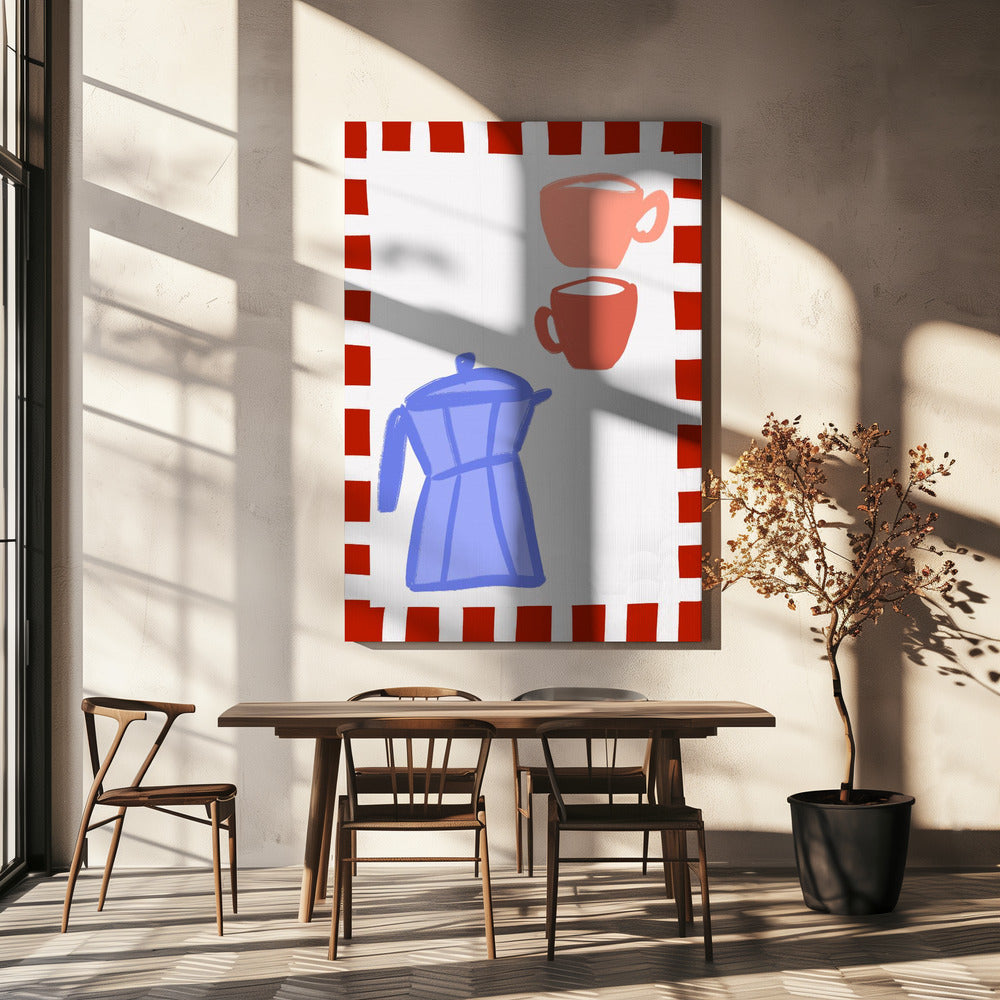 Minimalistische blauwe koffiepot en twee roze kopjes | Canvas