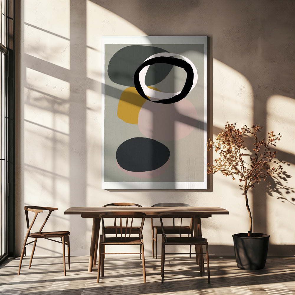 Abstracte cirkels in gedempte tinten met zwarte ring | Canvas