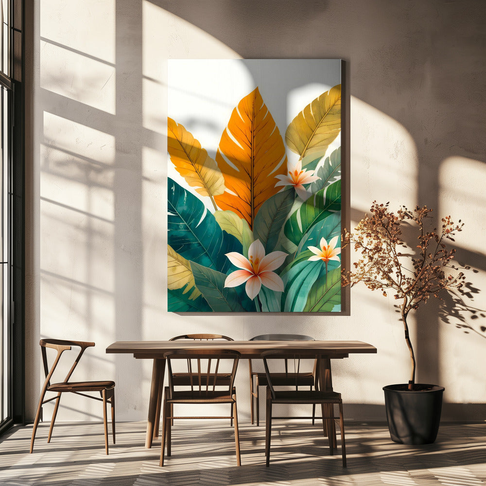 Tropische bladeren en delicate bloemen | Canvas