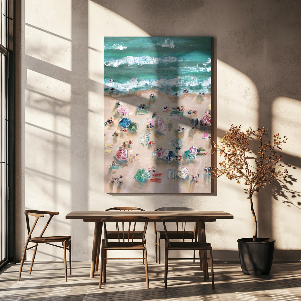Kleurrijke parasols en zonaanbidders op een zandstrand | Canvas