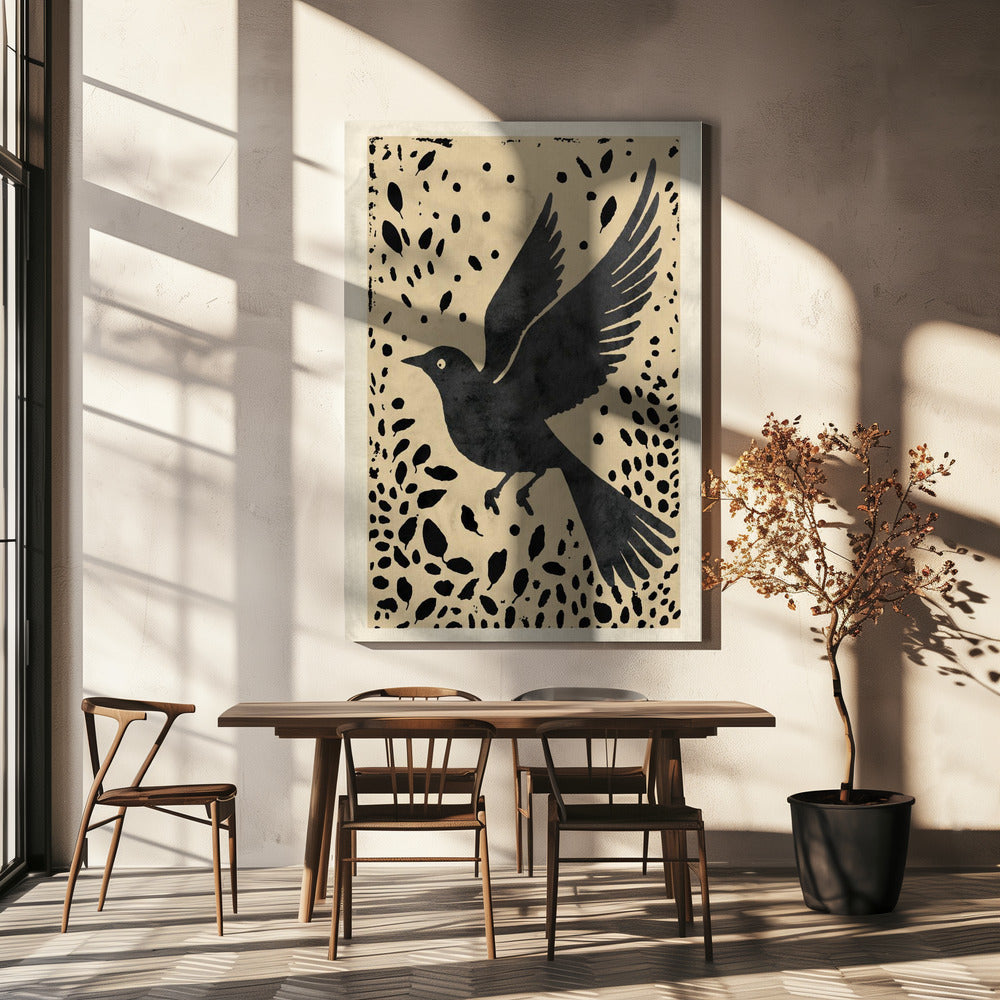 Vogel in vlucht omringd door verspreide bladeren | Canvas