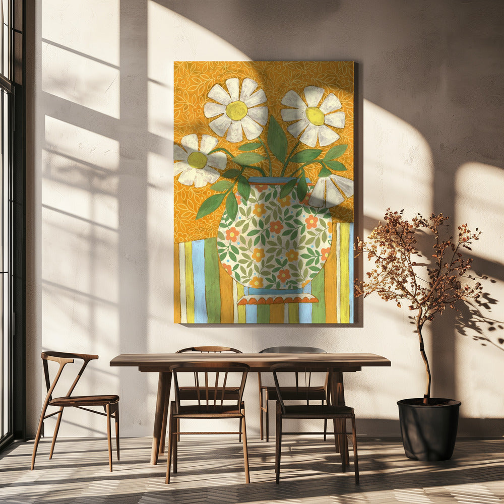 White Daisies In A Patterned Vase | Canvas